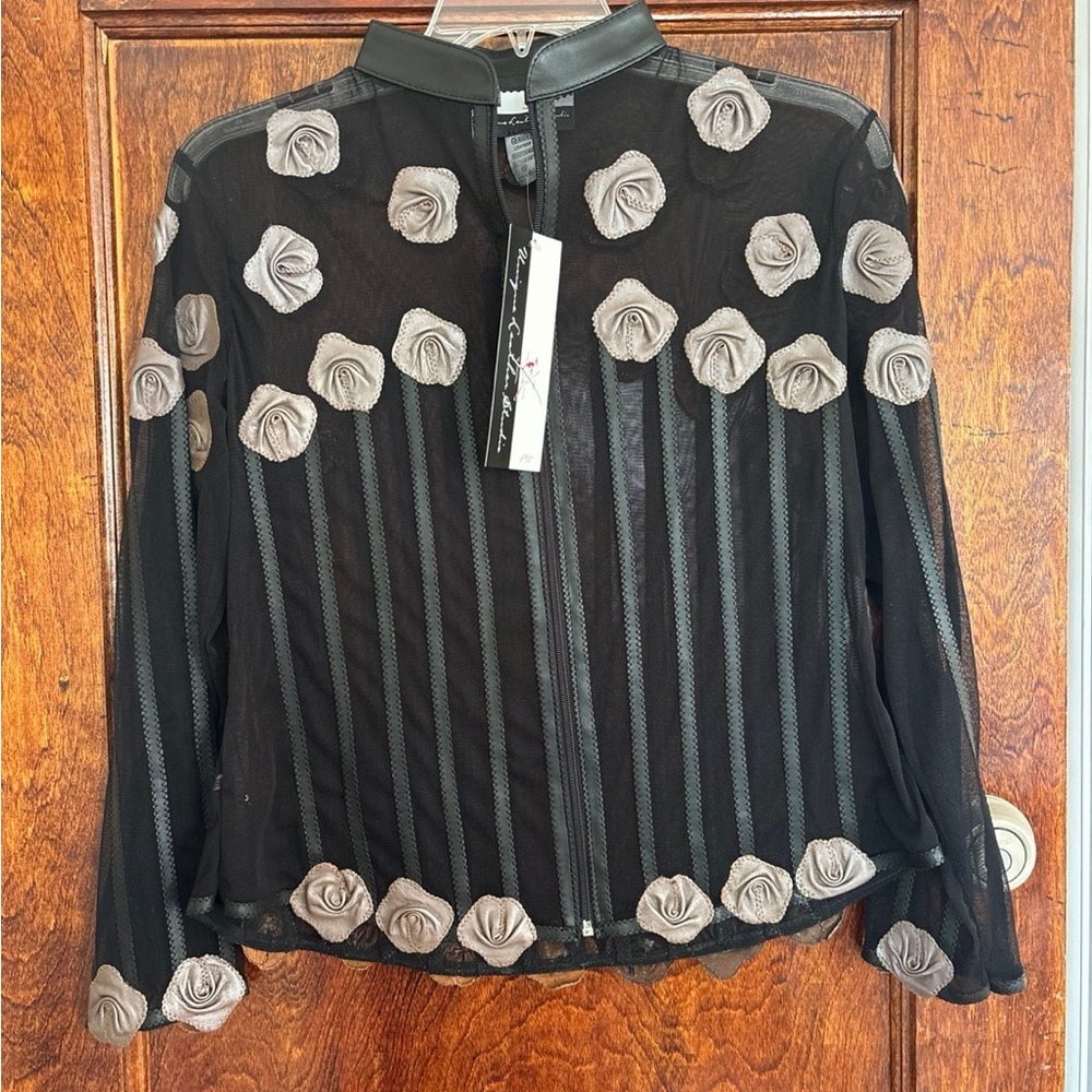 Sheer Mesh Zip-Up Jacket Leather Leaves Rosettes medium